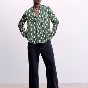 MNG Satin Chic Green Geometric Blouse Womens Top